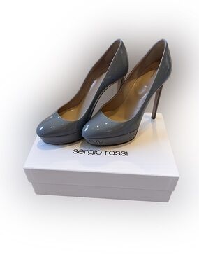 SERGIO ROSSI Patent Leather Platform Stiletto Pumps Gray Size 38 Made in Italy